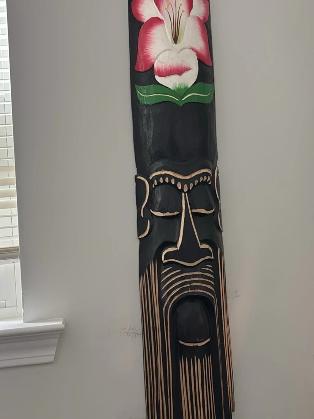 Black Floral Tribal Wall Tiki Mask - Hand-Painted Home Wall Decor